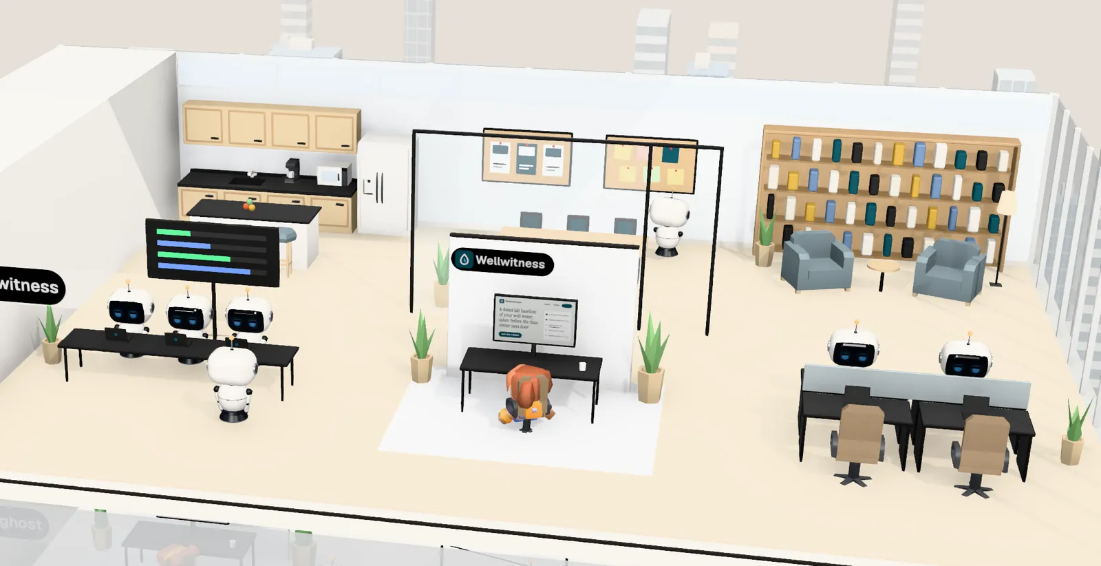 Wellwitness’ office on floor 12 of Tower 2: the owner’s desk with the website on screen, the agents’ bench, a meeting room and a library